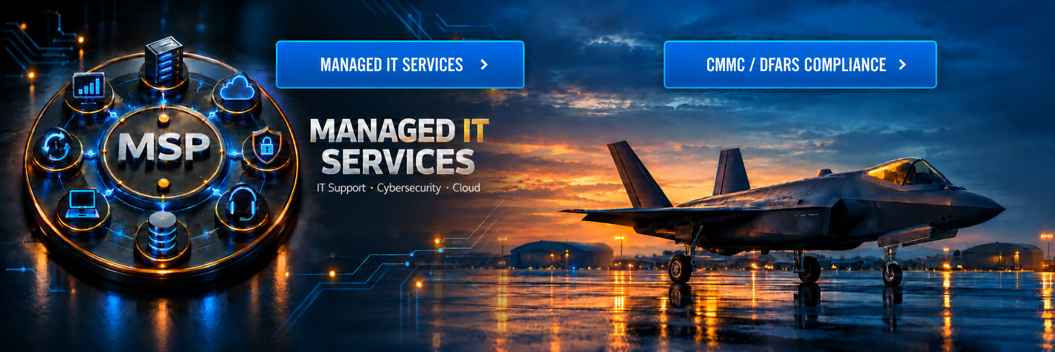 Managed IT services and an F-35 jet at dusk